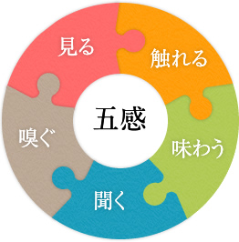 触れる、味わう、聞く、嗅ぐ、見る