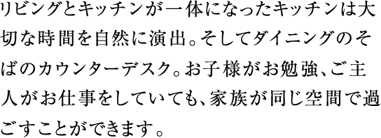 リビングとキッチンが一体になったキッチンは大切な時間を自然に演出。家族が同じ空間で過ごすことができます。